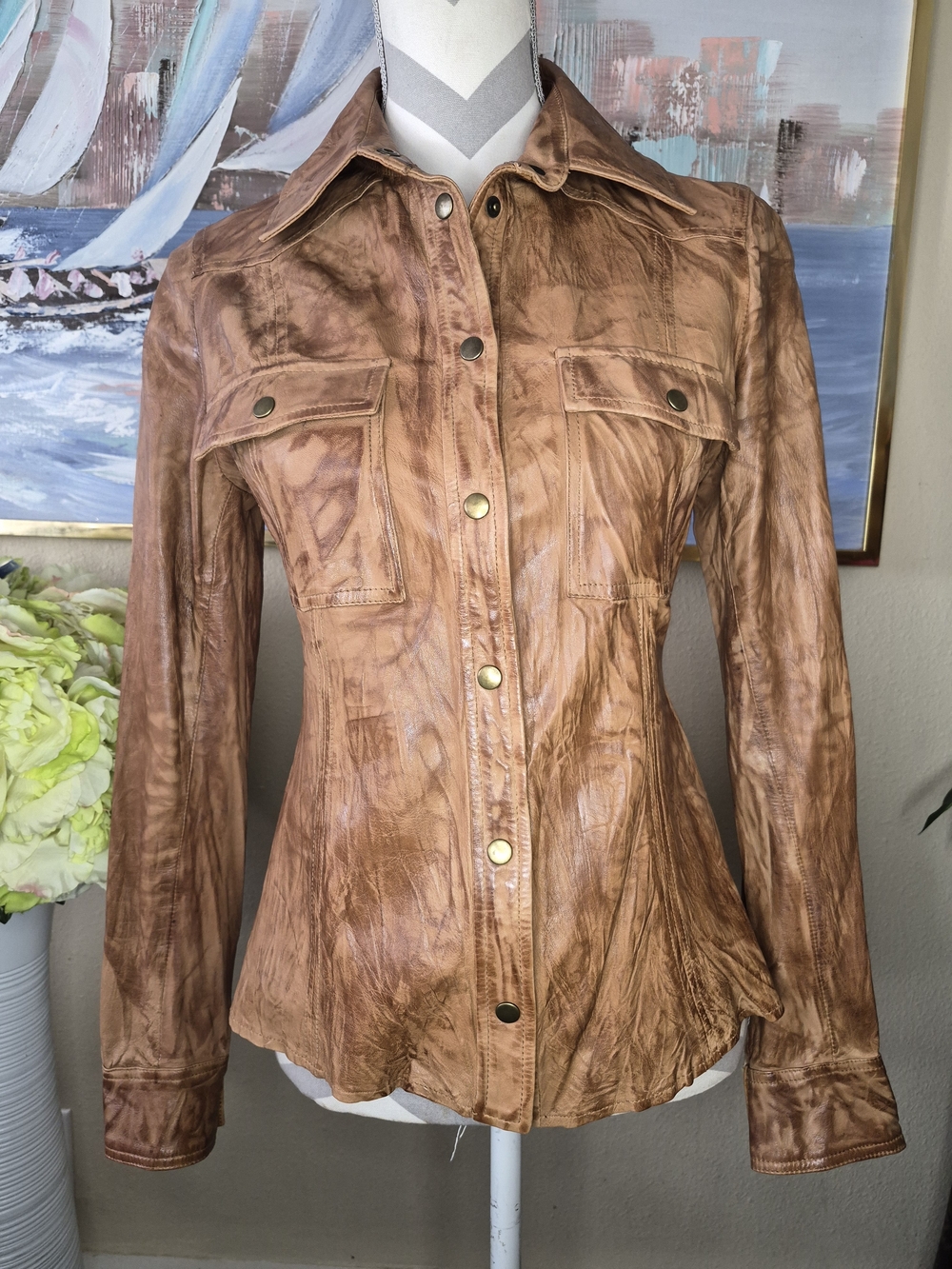 Women’s Distressed Brown Leather Button-Front Jacket
